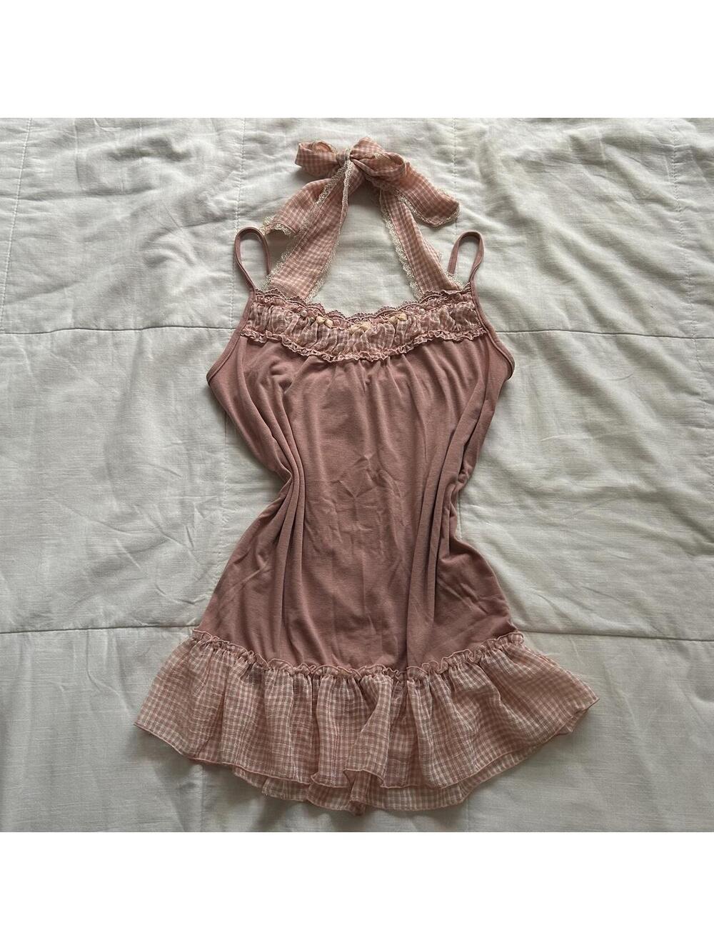 Axes Femme Pink Gingham Lace Ruffle Halter Camisole Tunic Medium NWT Japan